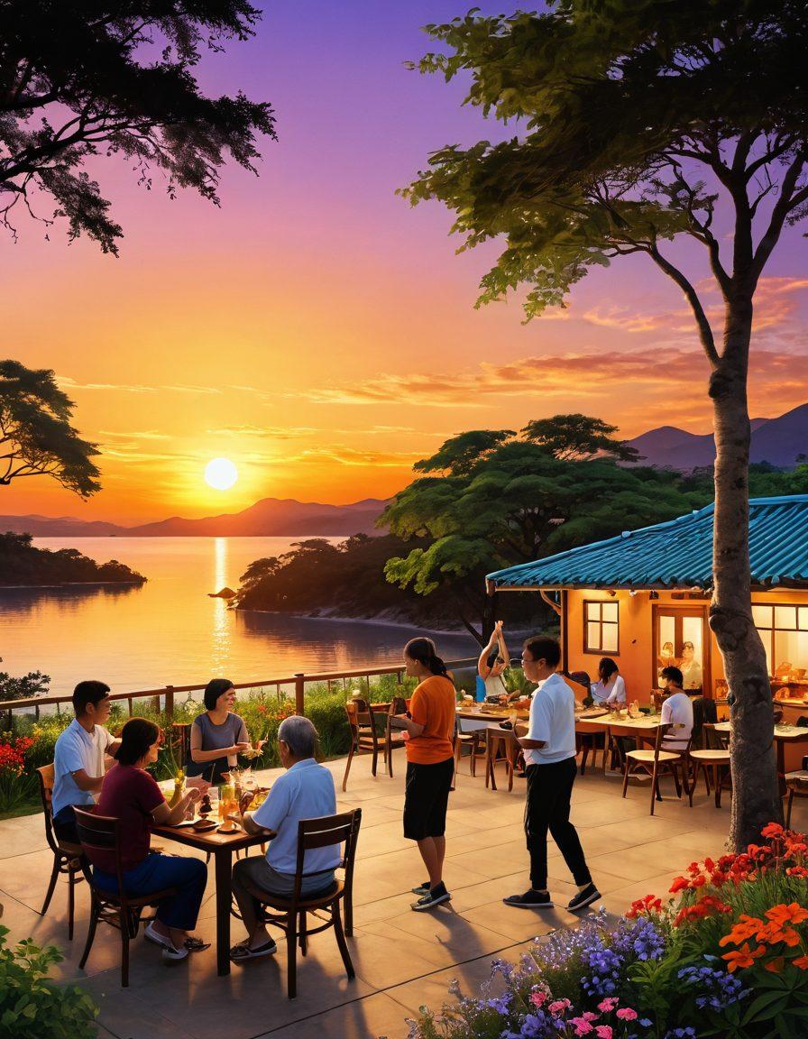 An inviting community scene showcasing diverse individuals engaging in various activities like dancing, sharing meals, and enjoying outdoor adventures under a vibrant sunset. The atmosphere radiates joy and connection, embodying the essence of the Kobetai Lifestyle. Include elements of nature, such as trees and flowers, to enhance the blissful feeling. super-realistic. vibrant colors. warm tones.
