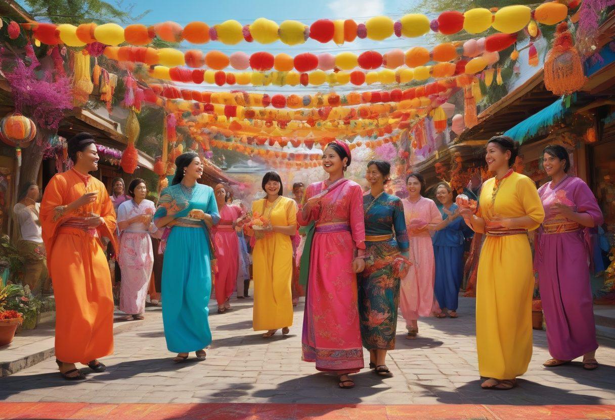 A lively scene depicting diverse individuals joyfully engaging in community activities, surrounded by colorful decorations and cultural elements representing the Kobetai community. Include smiling faces, traditional attire, and art installations that highlight vibrancy and connection. Bright, radiant colors symbolize enthusiasm and positivity, enhancing the sense of community. super-realistic. vibrant colors. 3D.