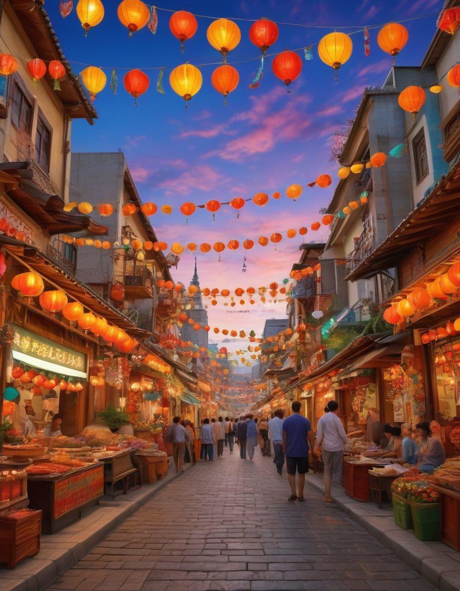 A vibrant street scene in Kobetai, filled with cheerful locals engaged in traditional festivities, colorful decorations, and smiling faces. The background features iconic landmarks and a bright sky, reflecting happiness and community spirit. Include elements of local cuisine and arts, capturing the essence of cultural joy. super-realistic. vibrant colors. 3D.